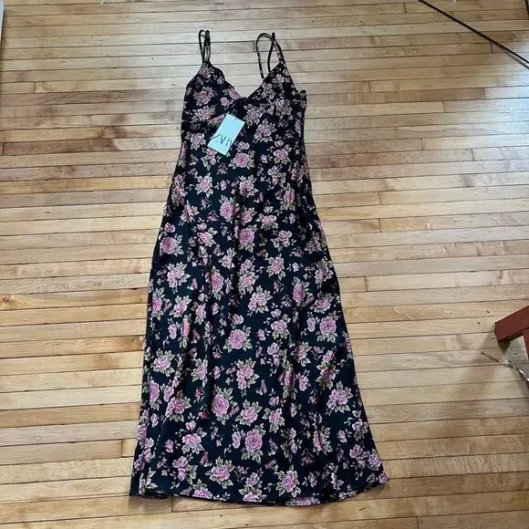 Zara | Dresses | Zara Black Floral Satin Midi Maxi Dress Lace Xs Pink  Florals Flowers | Poshmark